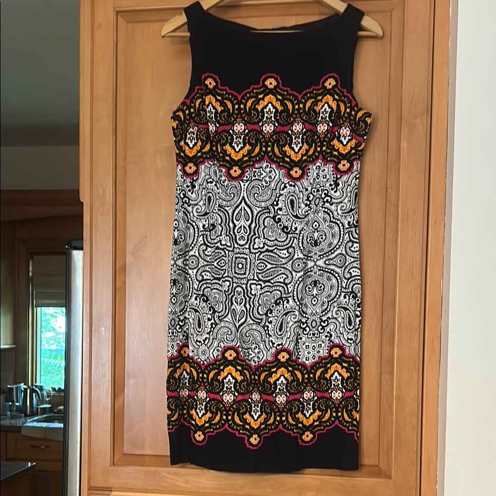 London Times Black and White Dress with Orange and Yellow Accents